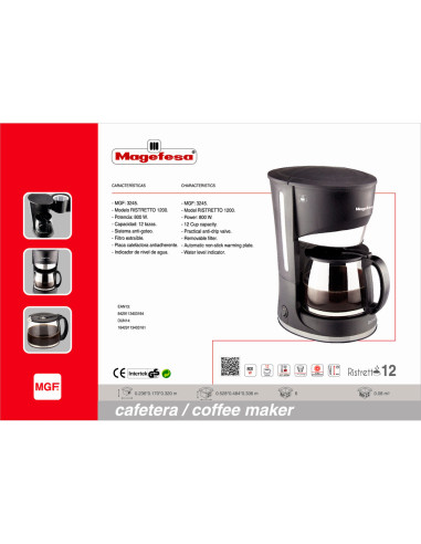 Cafetera ristretto magefesa 12 tazas con filtro extraible y placa calefactora antiadherente 800w