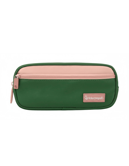 Estuche portatodo liderpapel duo 2 cremalleras con bolsillofrontal verde militar 220x90x50 mm
