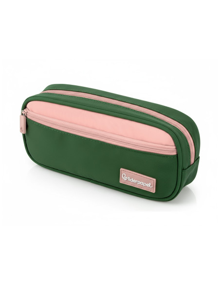 Estuche portatodo liderpapel duo 2 cremalleras con bolsillofrontal verde militar 220x90x50 mm