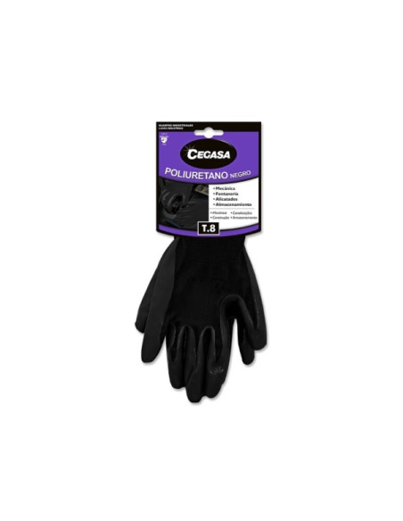 Cegasa Guantes de Trabajo Talla 8 - Fabricados en Poliester con Recubimiento de Poliuretano en Palma - Color Negro