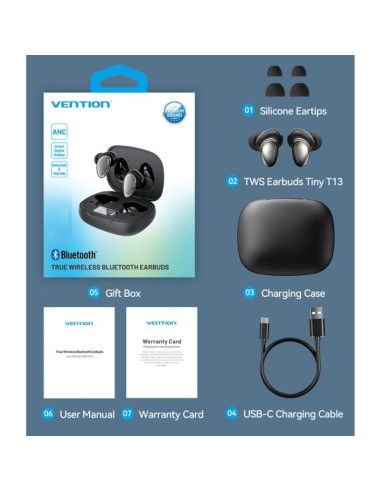 Auriculares Bluetooth Vention Tiny T13 NBNB0 con estuche de carga/ Autonomía 6h/ Negros