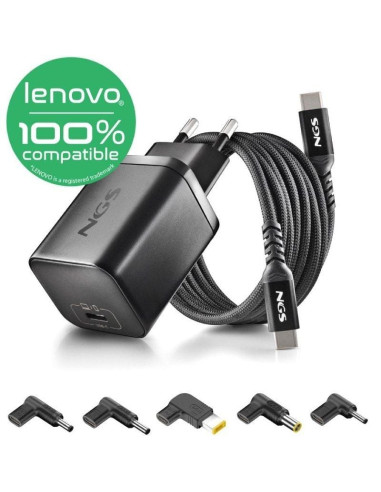 Cargador GaN de Portátil NGS BUD65W-L para Lenovo/ 1xUSB Tipo-C/ 65W/ Automático/ 5 Conectores/ Voltaje 5-20V