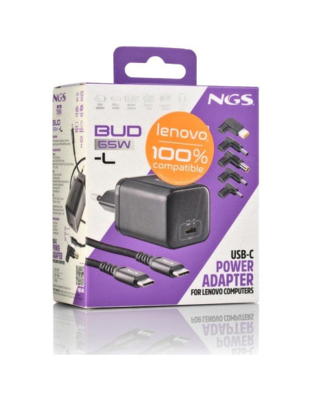 Cargador GaN de Portátil NGS BUD65W-L para Lenovo/ 1xUSB Tipo-C/ 65W/ Automático/ 5 Conectores/ Voltaje 5-20V