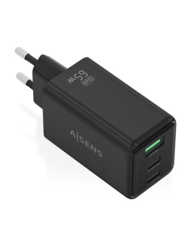Aisens Cargador GAN 65W - 2xUSB-C PD3.0 QC4.0 y 1xUSB-A QC3.0 - Color Negro