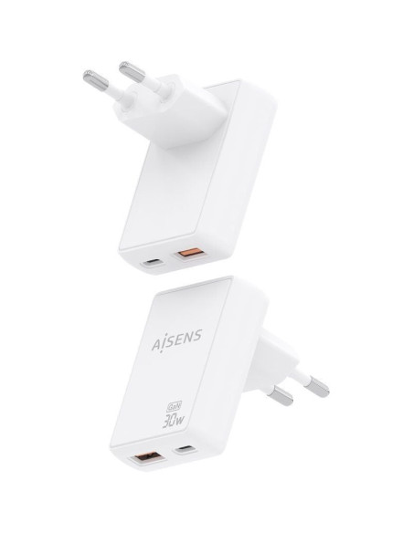 Cargador de Pared GaN Aisens ASCH-30W2P074-W/ 1xUSB Tipo-C/ 1xUSB/ 30W/ Blanco