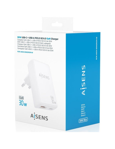 Cargador de Pared GaN Aisens ASCH-30W2P074-W/ 1xUSB Tipo-C/ 1xUSB/ 30W/ Blanco