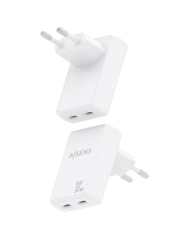Cargador de Pared GaN Aisens ASCH-30W2P075-W/ 2xUSB Tipo-C/ 30W/ Blanco