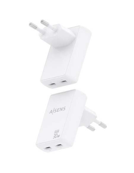 Cargador de Pared GaN Aisens ASCH-30W2P075-W/ 2xUSB Tipo-C/ 30W/ Blanco