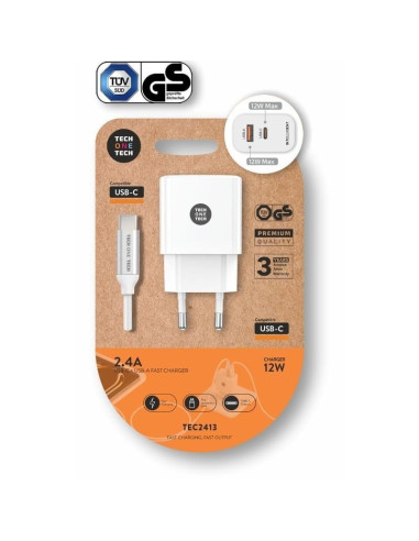 Cargador de Pared Tech One Tech TEC2413/ 1xUSB Tipo-C/ 1xUSB + Cable USB Tipo-C/ 12W/ Blanco