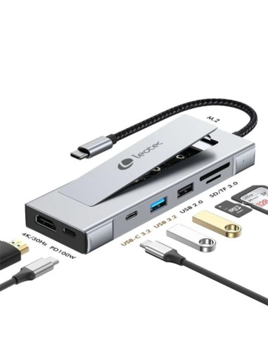 Leotec LEDS07 Docking Station USB C 8 en 1 con Ranura SSD M.2 - HDMI 4K - Power Delivery 100W - USB 3.2 y USB C 10Gbps - Lector