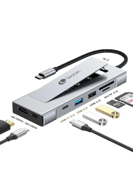 Leotec LEDS07 Docking Station USB C 8 en 1 con Ranura SSD M.2 - HDMI 4K - Power Delivery 100W - USB 3.2 y USB C 10Gbps - Lector