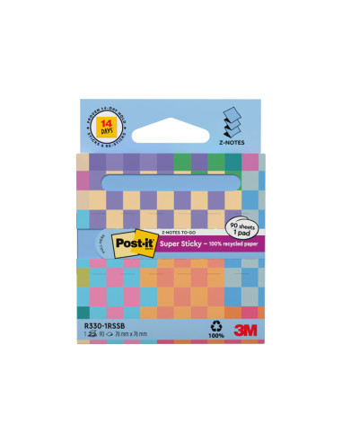 Bloc de notas adhesivas quita y pon post it z-notas super sticky 100% pefc 76x76 mm dispensador 90 hojas azul