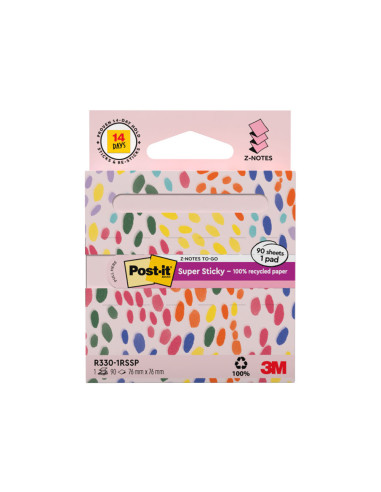 Bloc de notas adhesivas quita y pon post it z-notas super sticky 100% pefc 76x76 mm dispensador 90 hojas rosa