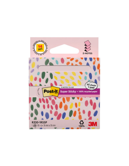 Bloc de notas adhesivas quita y pon post it z-notas super sticky 100% pefc 76x76 mm dispensador 90 hojas rosa
