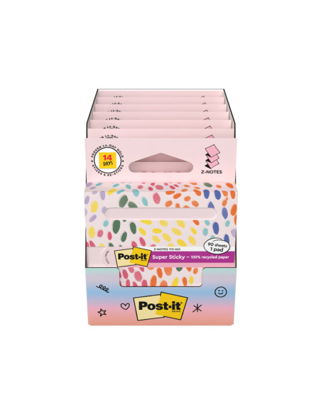 Bloc de notas adhesivas quita y pon post it z-notas super sticky 100% pefc 76x76 mm dispensador 90 hojas rosa