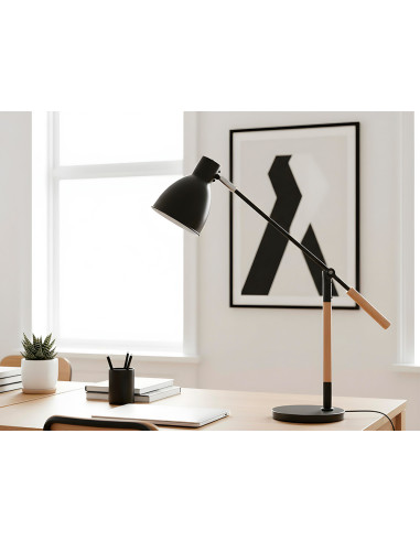 Lampara de escritorio q-connect deneb metalica con detalles de madera interruptor2 articulaciones color negro