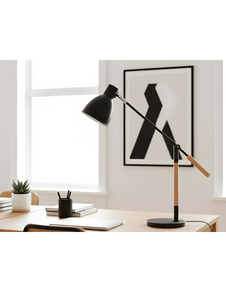 Lampara de escritorio q-connect deneb metalica con detalles de madera interruptor2 articulaciones color negro