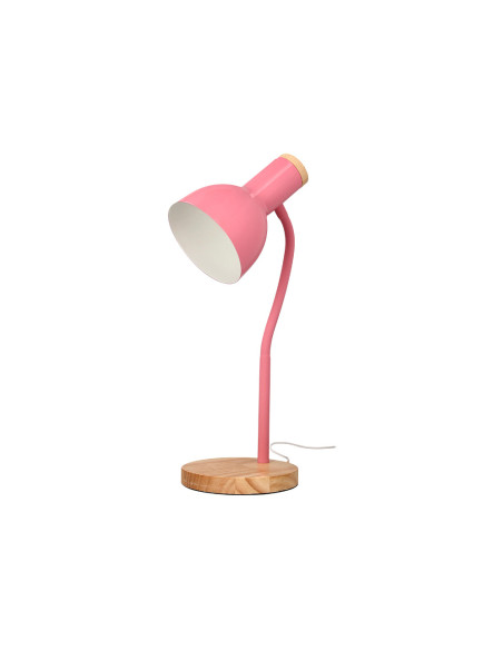 Lampara de escritorio q-connect orion metalica con detalles de madera brazo flexible color rosa
