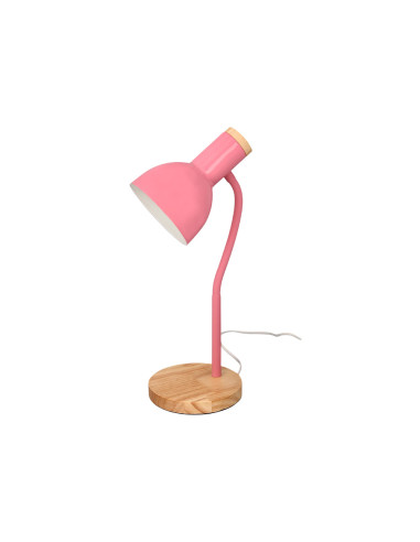 Lampara de escritorio q-connect orion metalica con detalles de madera brazo flexible color rosa
