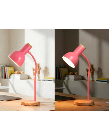 Lampara de escritorio q-connect orion metalica con detalles de madera brazo flexible color rosa