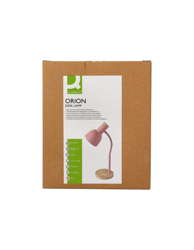 Lampara de escritorio q-connect orion metalica con detalles de madera brazo flexible color rosa