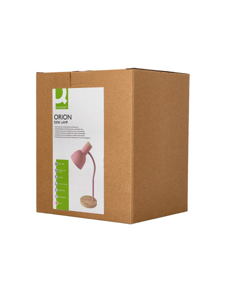 Lampara de escritorio q-connect orion metalica con detalles de madera brazo flexible color rosa