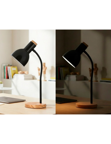 Lampara de escritorio q-connect orion metalica con detalles de madera brazo flexible color negro