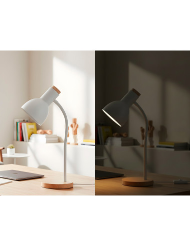 Lampara de escritorio q-connect orion metalica con detalles de madera brazo flexible color blanco
