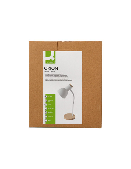Lampara de escritorio q-connect orion metalica con detalles de madera brazo flexible color blanco