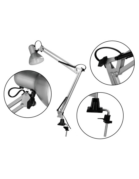 Lampara de escritorio q-connect antares metalica conpinza interruptor brazo doble 3 articulaciones color plata