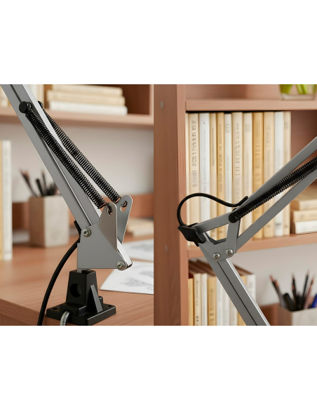 Lampara de escritorio q-connect antares metalica conpinza interruptor brazo doble 3 articulaciones color plata