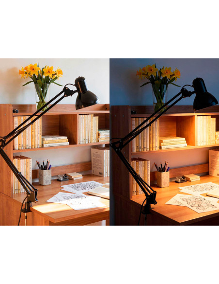 Lampara de escritorio q-connect antares metalica conpinza interruptor brazo doble 3 articulaciones color negro