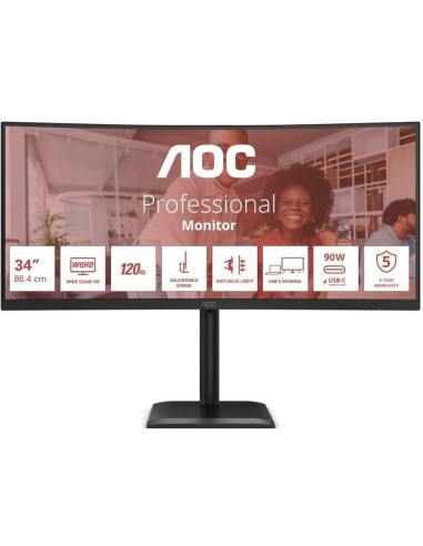 Monitor Profesional Ultraparonámico Curvo AOC CU34E4CV 34"/ WQHD/ Multimedia/ Regulable en altura/ Negro