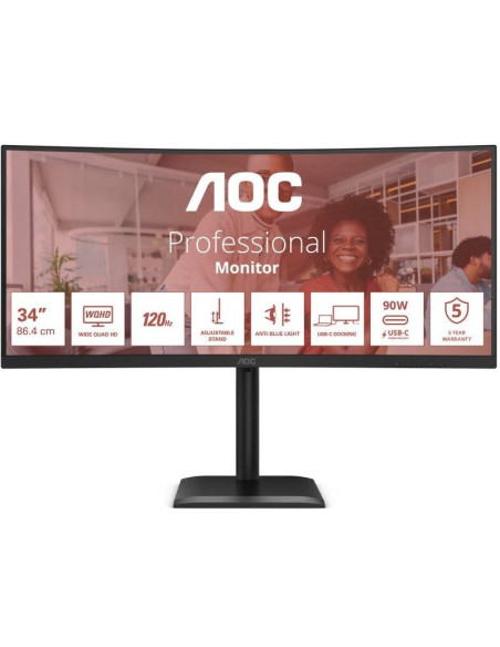Monitor Profesional Ultraparonámico Curvo AOC CU34E4CV 34"/ WQHD/ Multimedia/ Regulable en altura/ Negro