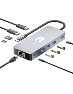Leotec Adaptador 10 en 1 USB-C a 2xHDMI, 1xRJ45, 3xUSB-A 3.0, 1xUSB-C PD, 1xUSB-C, 1xTF/SD+1xMicroSD - Color Gris
