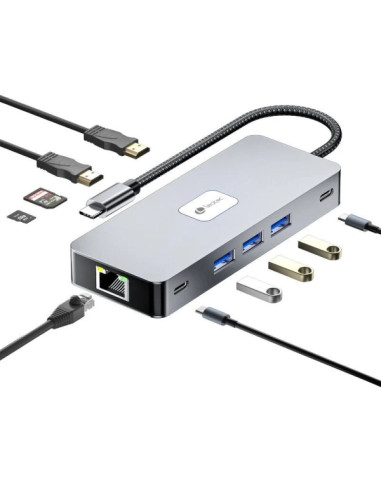Leotec Adaptador 10 en 1 USB-C a 2xHDMI, 1xRJ45, 3xUSB-A 3.0, 1xUSB-C PD, 1xUSB-C, 1xTF/SD+1xMicroSD - Color Gris