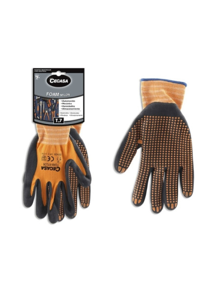 Cegasa Guantes de Trabajo Talla 7 - Fabricados en Nylon con Recubimiento de Foam con Dots de Nitrilo en Palma - Color Negro/Nara