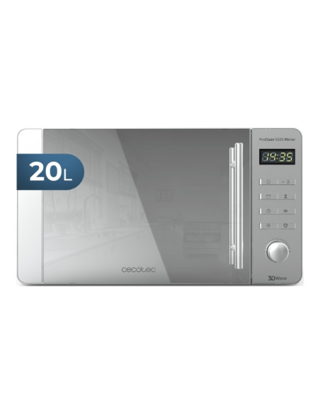 Cecotec ProClean 5020 Mirror Microondas - Potencia 700W - Capacidad 20L - Pantalla LED - Acero Inoxidable - Seguro Infantil - Re