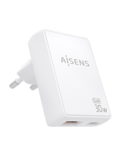 Aisens Cargador GaN Ultra Delgado 30W - 1xUSB-C PD3.0 QC4.0 - 1xUSB-A QC3.0 - Tecnologia AI - Color Blanco
