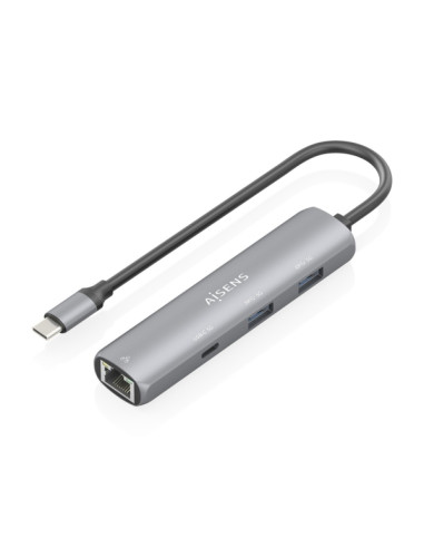 Aisens ASUC-4P039-GR Adaptador de Red USB-C a Ethernet Gigabit + Hub 1xUSB-C y 2xUSB-A 3.0 - 15cm - Color Gris