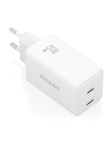 Aisens Cargador GaN 65W - 2xUSB-C PD3.0 QC4.0 - Tecnologia AI - Color Blanco