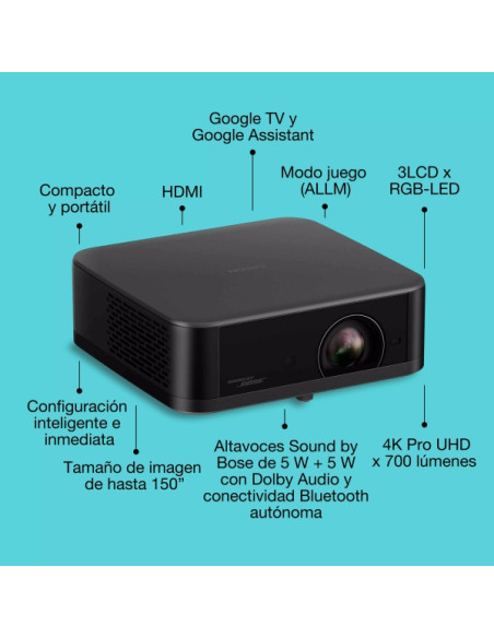 Epson Lifestudio POP Plus EF-62B Proyector 4K PRO-UHD - 700 Lumenes - Sistema de Sonido Bose - WiFi, Bluetooth, Android TV, HDMI