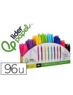 Boligrafo liderpapel retractil con clip acabado soft touch punta 0,7 mm expositor 96 unidades colores