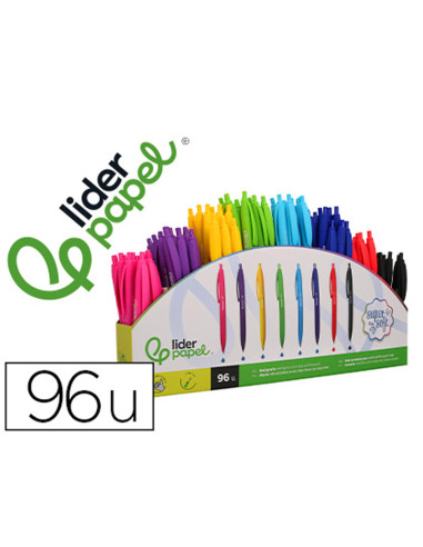 Boligrafo liderpapel retractil con clip acabado soft touch punta 0,7 mm expositor 96 unidades colores