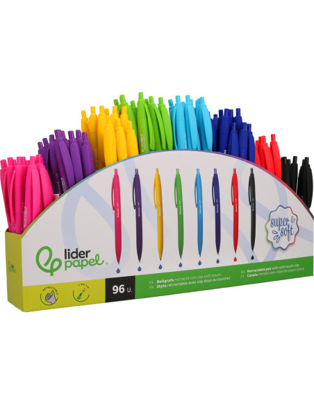 Boligrafo liderpapel retractil con clip acabado soft touch punta 0,7 mm expositor 96 unidades colores