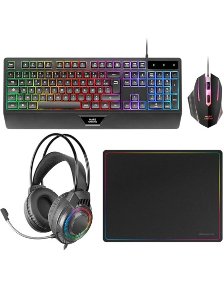 Mars Gaming MCP124PRO Combo Pack Gaming 4en1 - Teclado Hibrido H-Mech - Disposicion Francesa AZERTY FR - Raton 3200dpi - Alfombr