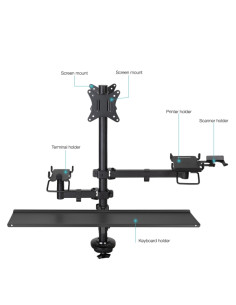 Tooq Soporte de Mesa para 2 Monitores de 17"-32" + Soportes para Impresora TPV, Lector de Codigos, Datafono + Bandeja para Tec 2