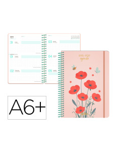 Agenda escolar liderpapel 26-27 espiral flowers semana vista a6+ bilingue 80g papel fsc rojo