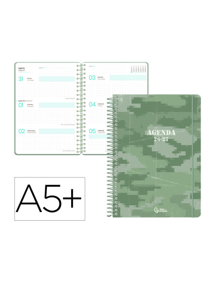 Agenda escolar liderpapel 26-27 espiral military semana vista a5+ bilingue 80g papel fsc verde