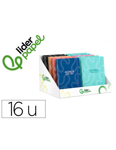 Agenda escolar liderpapel 26-27 espiral classic diseños surtidos bilingüe 70g papel fsc expositor 16 unidades